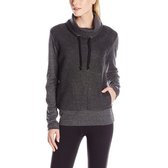 ALO Yoga Gray Sweatshirt Pullover Teddy Rib Knit Cowl High Neck Athleisure Comfy - Picture 2 of 10